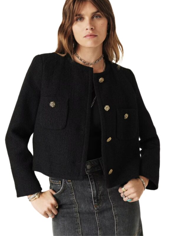 black lady jacket with gold buttons
