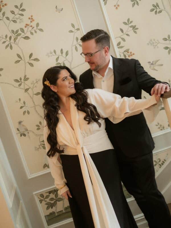 couples portrait with black and white formal wear