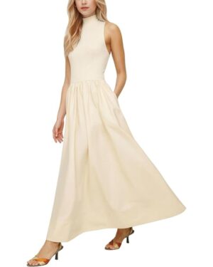 Lauweion Women's Sleeveless Turtleneck Maxi Dress Patchwork Casual Solid Flowy Mock Neck Long Dress with Pockets