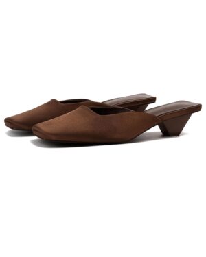 Satin Mid-low Heels Muller Sandals for Women,Women's Closed Square Toe Kitten Heels Slip On Pumps Mules