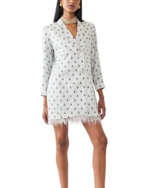white blazer dress with feathers