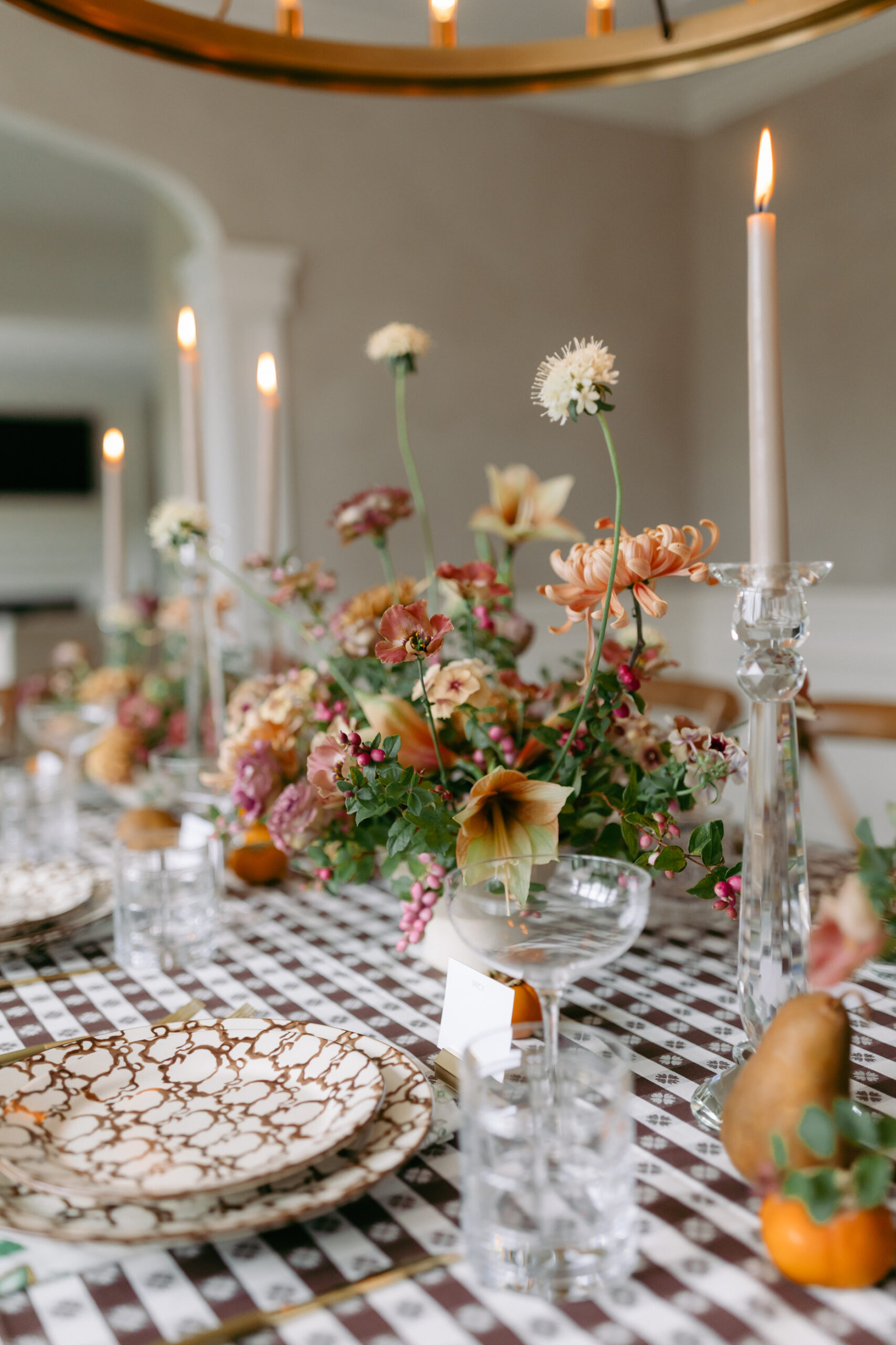 peach and green fall flowers for thanksgiving centerpiece