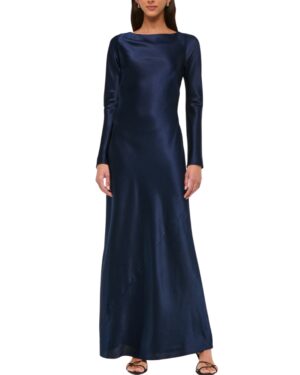 Blue Long-Sleeve Cowl Back Slip Wedding Guest Dress
