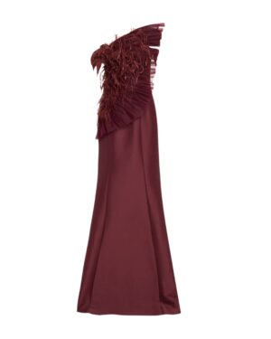 Badgley Mischka Strapless Feather-Embellished Fan Ruffle Gown
