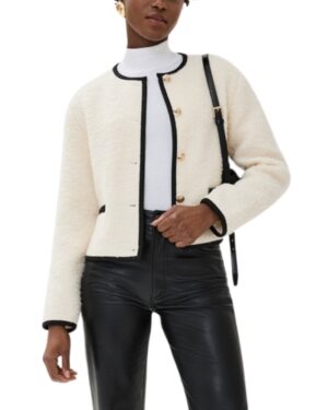 white boucle lady jacket with black piping