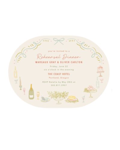 Custom rehearsal dinner invitations with colorful illustration and bows