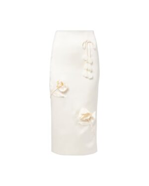 self-portrait white floral-appliqué satin midi skirt