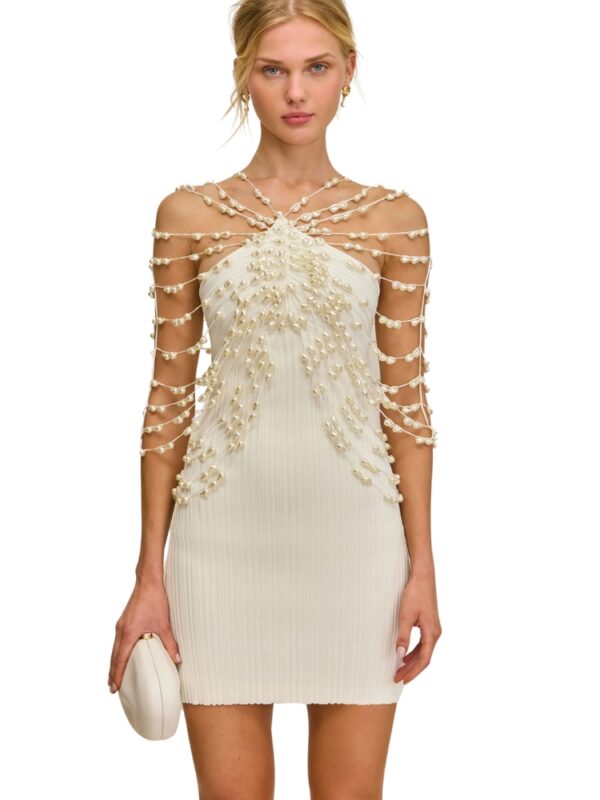 white pearl mini dress for wedding rehearsal dinner