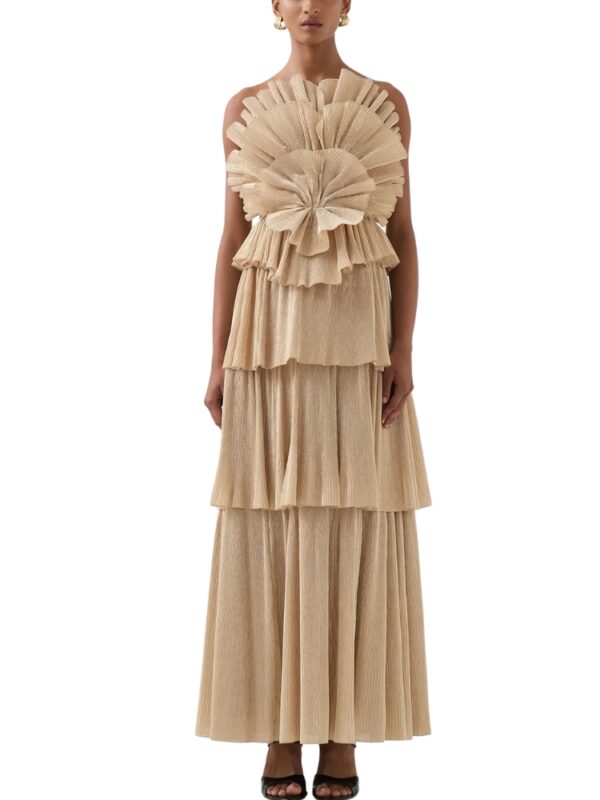 gold tiered pleated dress with floral applique