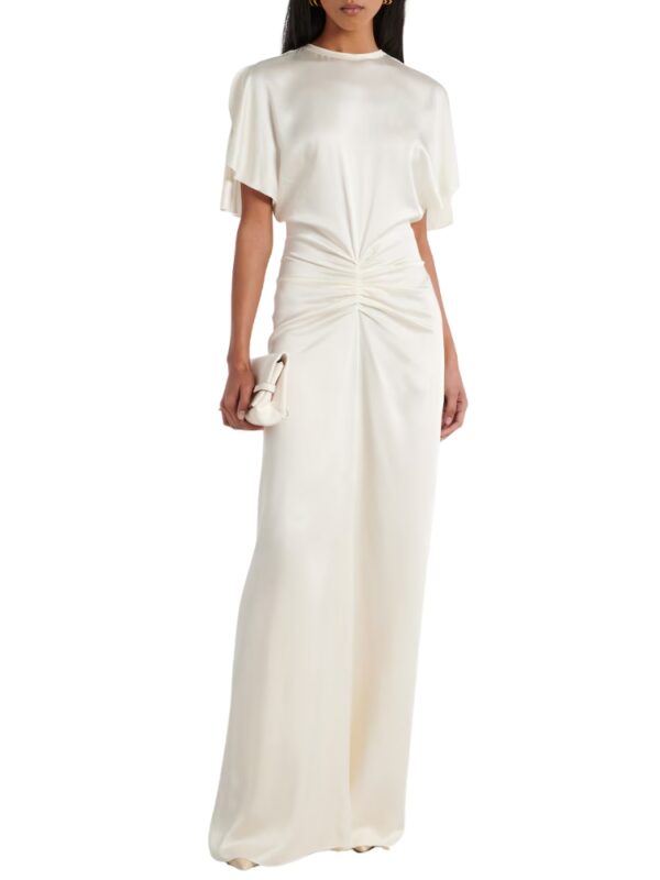 white silk dress with gathered waist