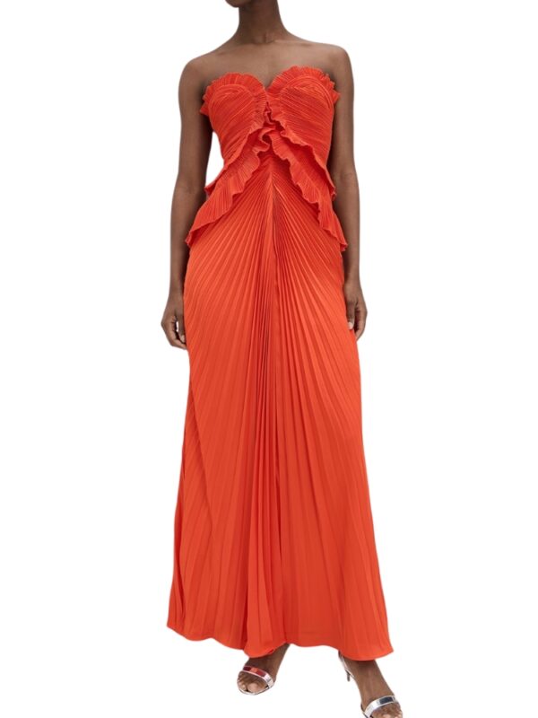red pleated gown